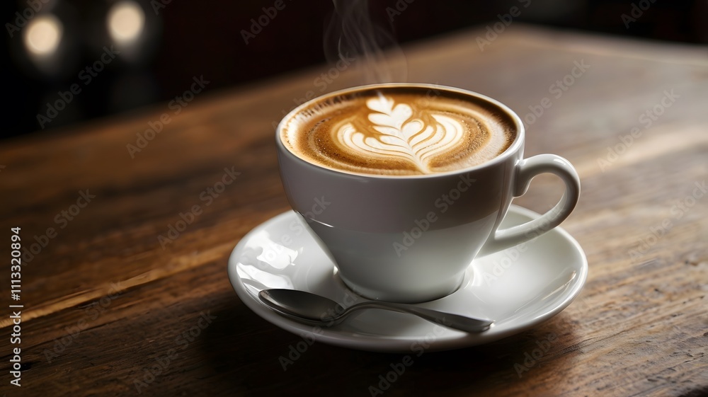 Steaming Cup Of Coffee With Latte Art On Wooden Table Surface Steaming Cup Of Coffee With Latte Art On Wooden Table Surface