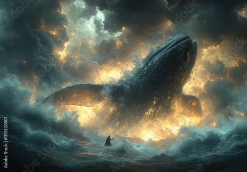 Whale in Stormy Sea - Jonah's Journey of Obedience and Mercy in the Old Testament Ocean