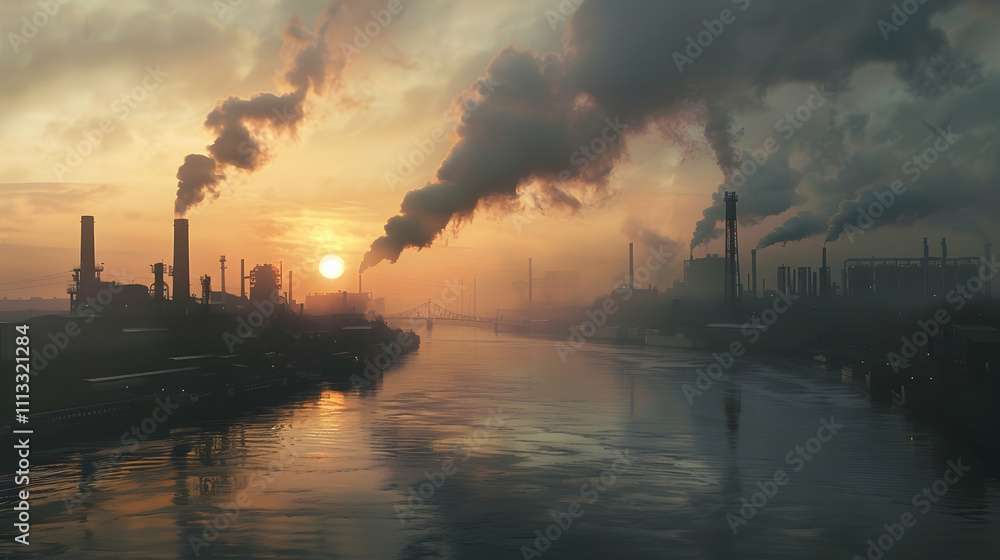 Industrial cityscape with factories emitting smoke along a polluted riverbank at sunrise, highlighting environmental challenges