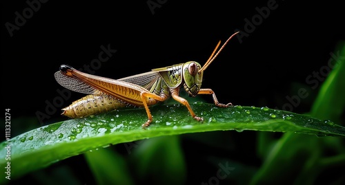 Detailed Macro Photograph of Grasshopper on Green Leaf with Black Background photo