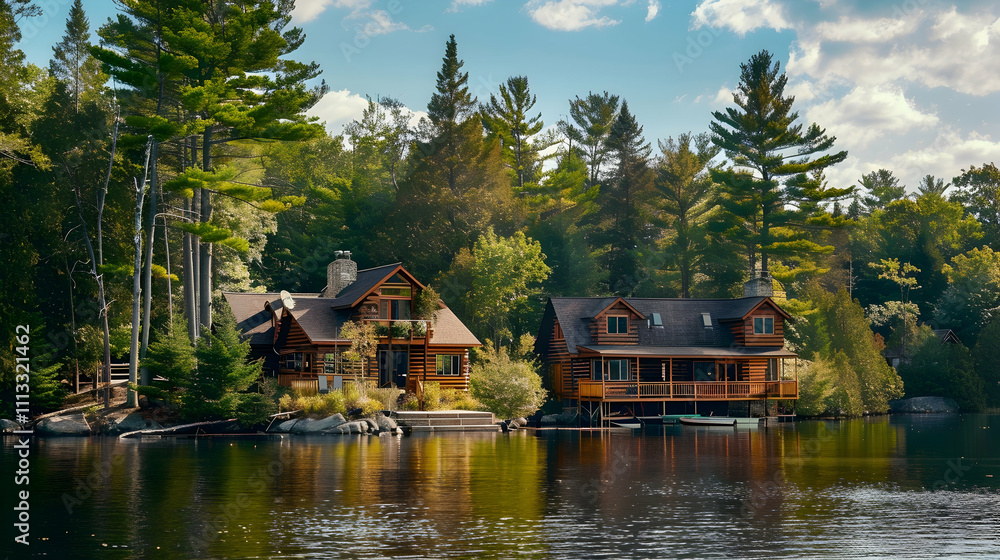 Naklejka premium Lakeside retreat with two cozy cabins, each with a private dock and panoramic lake views framed by towering pines