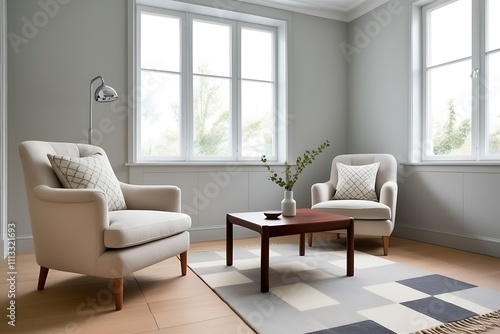 Two beige armchairs face each other across a square coffee table in a light, airy room with large windows and wood floors.