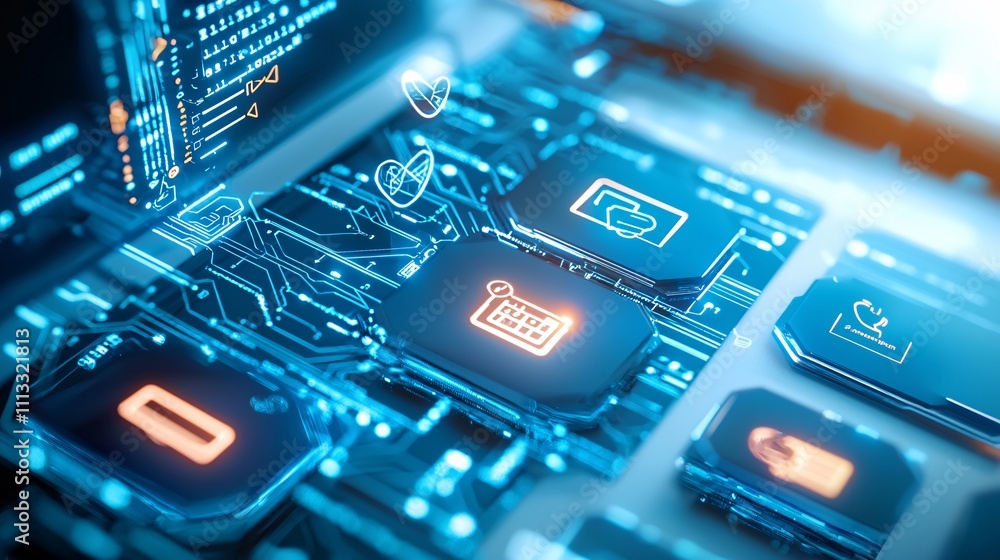job and career interview concept. Futuristic Circuit Board with Digital Icons and Lights job and career interview concept. Futuristic Circuit Board with Digital Icons and Lights