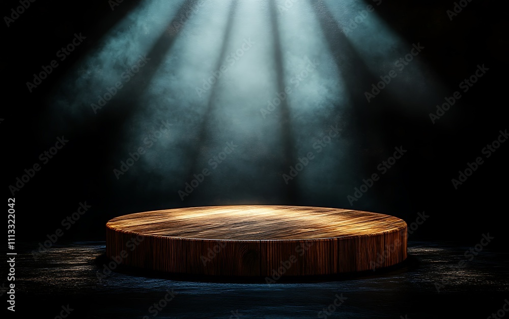 Illuminated wooden round podium on dark background with smoky effect. Illuminated wooden round podium on dark background with smoky effect.