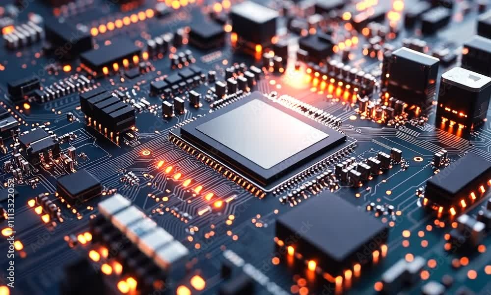 A close-up view of a circuit board with a central chip and glowing components. A close-up view of a circuit board with a central chip and glowing components.
