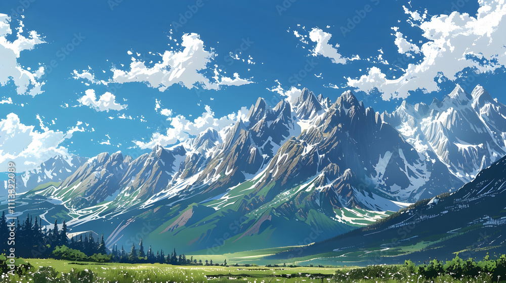 Majestic mountain range under a clear blue sky, a few fluffy white clouds drifting lazily above the peaks Majestic mountain range under a clear blue sky, a few fluffy white clouds drifting lazily above the peaks