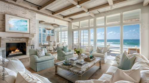 Luxury living room with a whitewashed brick fireplace, driftwood accents, seafoam green upholstery, a coffered ceiling, and panoramic ocean views