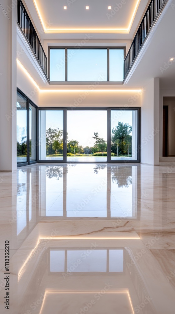 Luxurious modern home interior with high ceilings, large windows offering scenic views, and gleaming marble floors. A bright and airy space. Luxurious modern home interior with high ceilings, large windows offering scenic views, and gleaming marble floors. A bright and airy space.