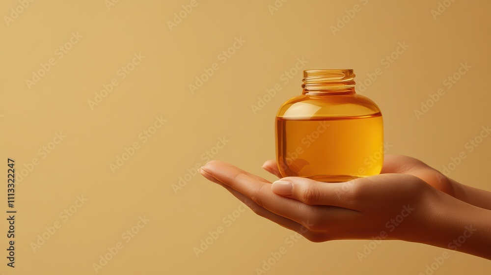 Close-up of hands gently holding a bottle of massage oil against a neutral background Close-up of hands gently holding a bottle of massage oil against a neutral background