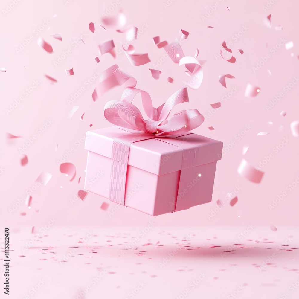 Pink Gift Box Open Mid-Air with Confetti on Solid Pink Background Celebrating Holiday Events