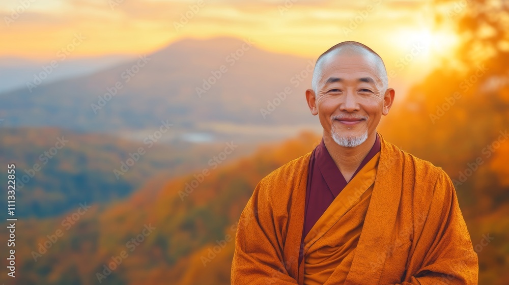Smiling Asian Buddhist monk in orange robes, serene autumn landscape background. Smiling Asian Buddhist monk in orange robes, serene autumn landscape background.