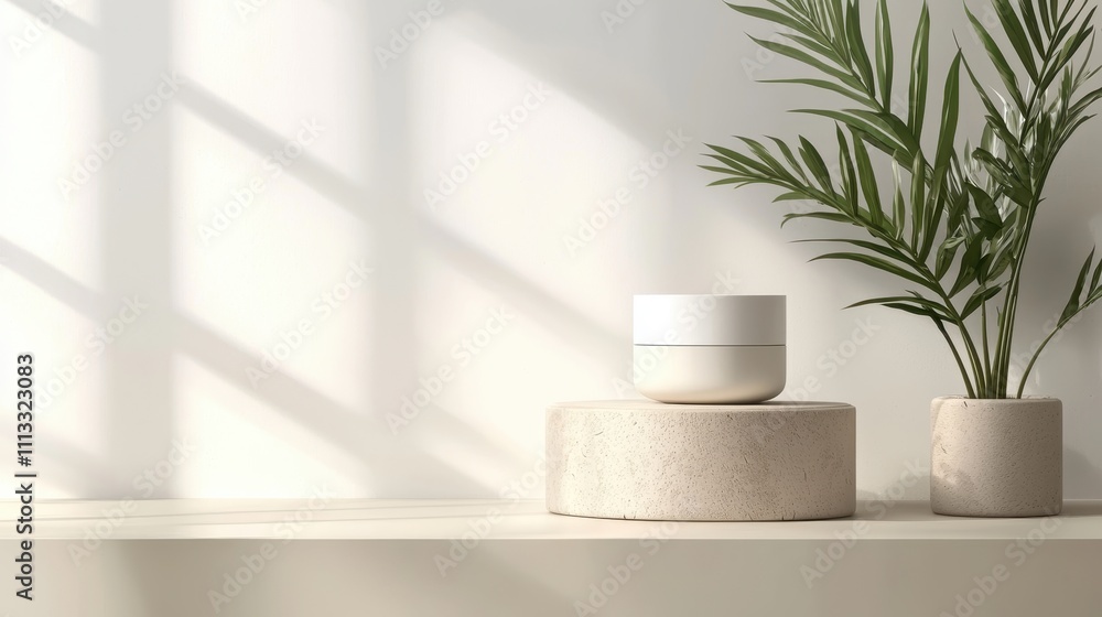 Modern Product Mockup on Minimalist Shelving with Soft Natural Light and Greenery Background Modern Product Mockup on Minimalist Shelving with Soft Natural Light and Greenery Background