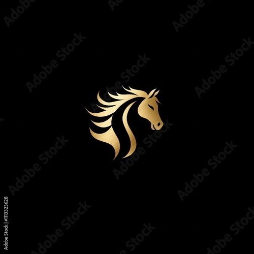 Elegant golden horse head logo on black background. photo