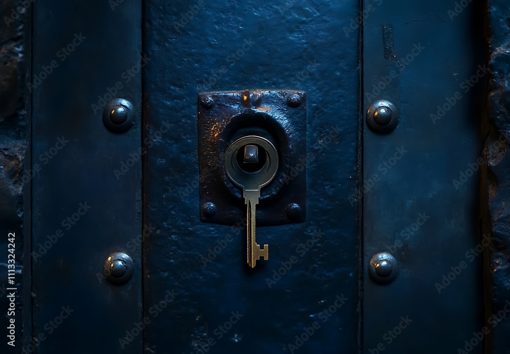 Golden Key in Dark Metal Door Keyhole Golden Key in Dark Metal Door Keyhole