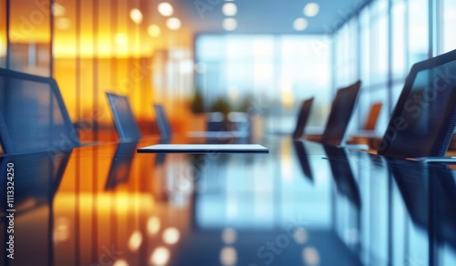 Wallpaper Mural Modern Conference Room with Panoramic Windows and Sleek Glass Table in Professional Office Setting Torontodigital.ca