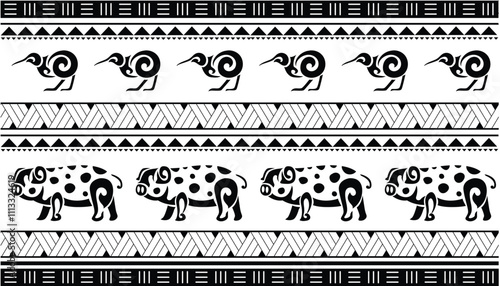Maori Polynesian indigenous Pattern Background Wallpaper Banner Vertical Textile Vector Kiwi Kunekune Pig