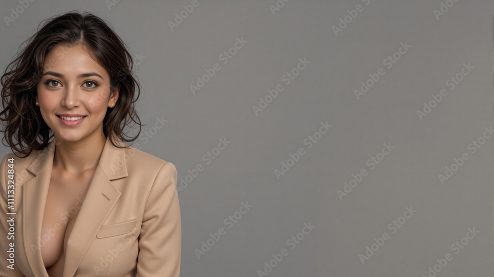 Portrait of a smiling young woman in a beige blazer on a gray background with copy space Portrait of a smiling young woman in a beige blazer on a gray background with copy space