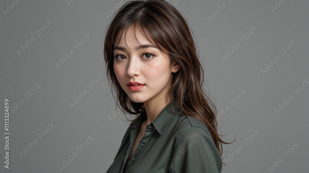 Portrait of a young woman with a serious expression on a gray background with copy space Portrait of a young woman with a serious expression on a gray background with copy space