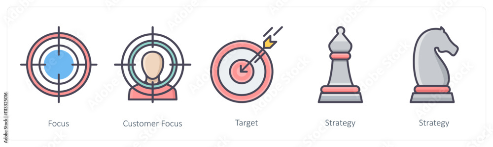 A set of 5 Business icons as focus, customer focus, target A set of 5 Business icons as focus, customer focus, target