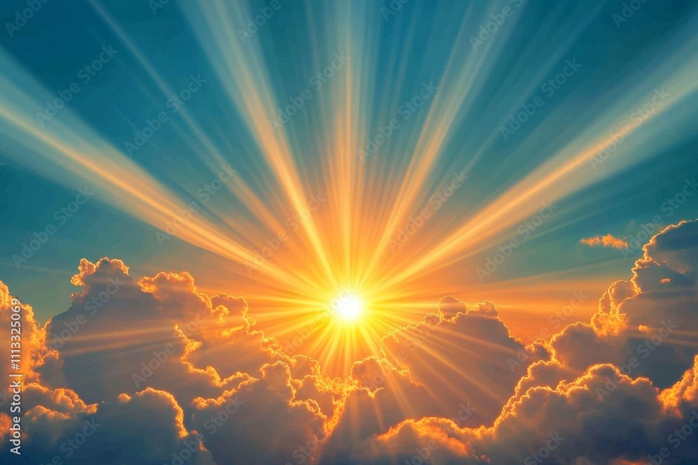 Fototapeta premium Splendid sunset landscape with bright sun, blue sky, fluffy clouds, and warm orange hues, evoking a peaceful and serene mood