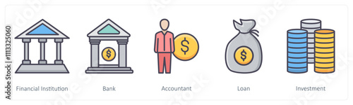 A set of 5 Business icons as financial institution, bank, accountant