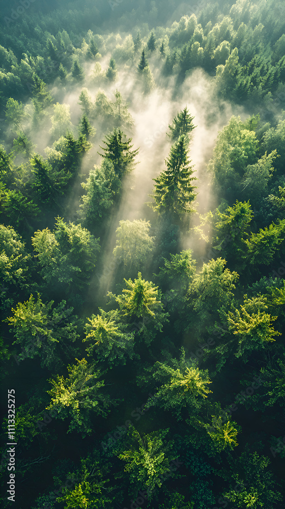 Aerial View of Lush Green Forest Canopy with Sun Rays and Early Morning Mist Aerial View of Lush Green Forest Canopy with Sun Rays and Early Morning Mist