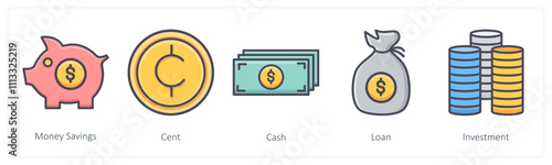 A set of 5 Business icons as money savings, dollar, cash