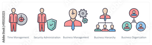 A set of 5 Business icons as time management, security administrator, business management