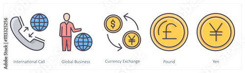 A set of 5 Business icons as international call, global business, currency exchange