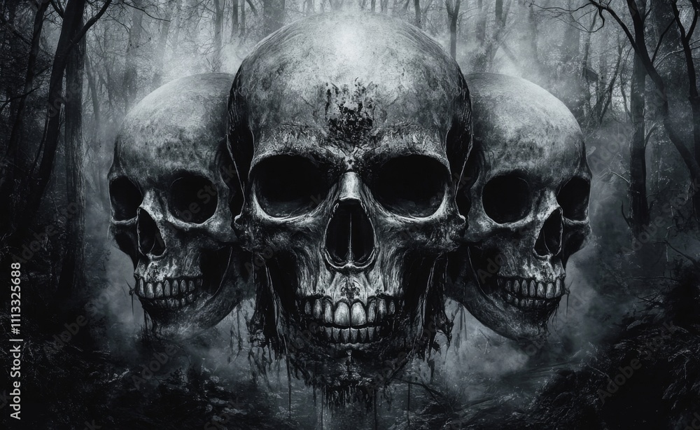 Dark and eerie forest scene with three skulls arranged in triangular formation, featuring one large skull flanked by two smaller ones Dark and eerie forest scene with three skulls arranged in triangular formation, featuring one large skull flanked by two smaller ones