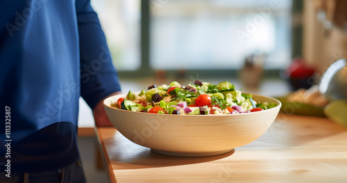 Freshly prepared salad displayed on a wooden countertop in a cozy kitchen during a sunny afternoon gathering