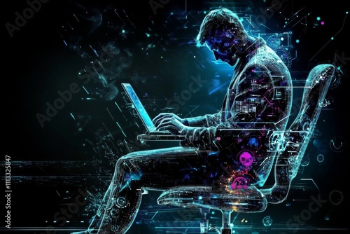 Man in suit at desk with laptop surrounded by futuristic elements in blue and purple colors, focused and engaged photo