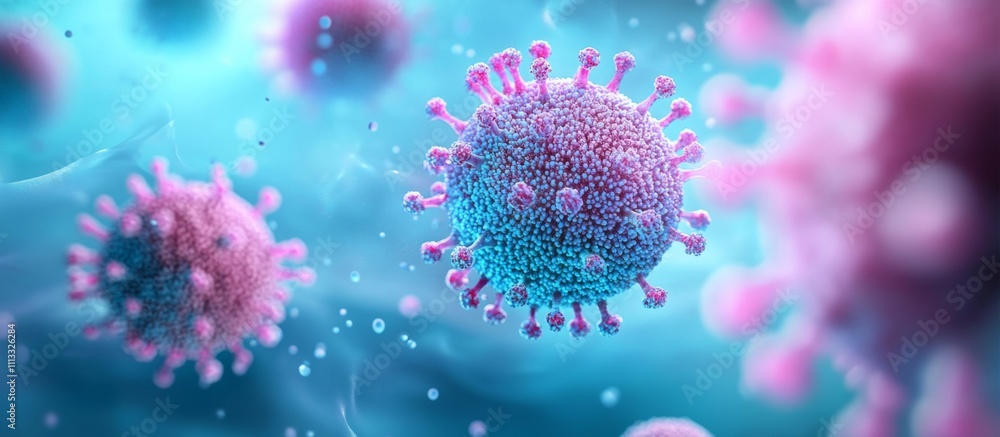 Pink and blue viruses densely packed on a gradient blue and purple background. Realistic 3D rendering with dynamic colors Pink and blue viruses densely packed on a gradient blue and purple background. Realistic 3D rendering with dynamic colors
