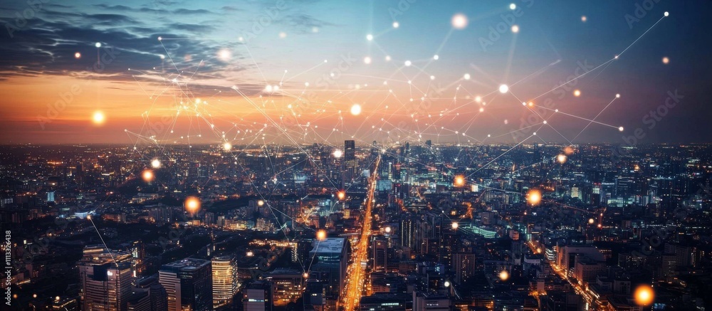 Fototapeta premium Nighttime Cityscape with Illuminated Skyscrapers, Network Patterns, and Vibrant Sky - Concept of Interconnectedness and Connectivity in Urban Environment