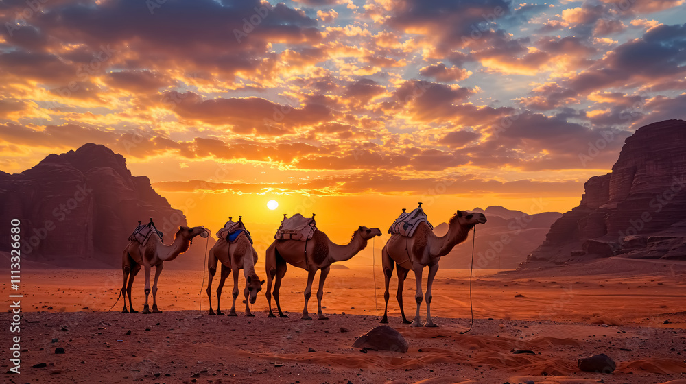 Group of Camels in Al-Ula Desert: Camels in the Al-Ula desert during winter at Tantora, northern Saudi Arabia, with sunset mountains in the background. Group of Camels in Al-Ula Desert: Camels in the Al-Ula desert during winter at Tantora, northern Saudi Arabia, with sunset mountains in the background.