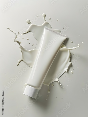 Blank cosmetic tube mockup with milk splashes photo