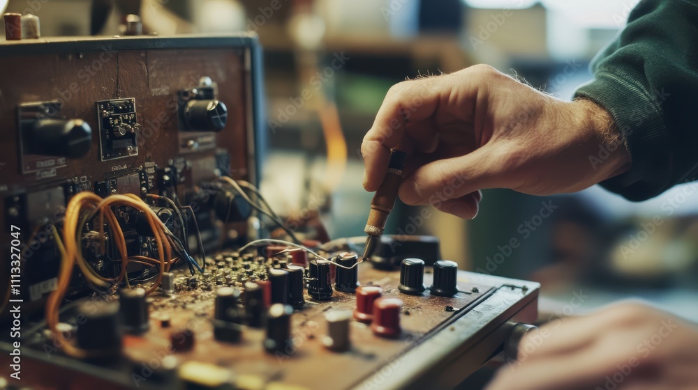 An audio technician adjusting knobs and fixing circuits in a vintage amplifier, bringing it back to life An audio technician adjusting knobs and fixing circuits in a vintage amplifier, bringing it back to life
