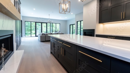 Wallpaper Mural A black, modern kitchen with an island, fireplace, and a sofa in the background. The cabinets are dark gray. Torontodigital.ca