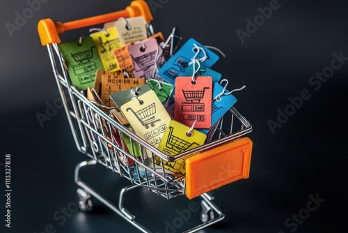 A colorful shopping cart filled with various price tags, showcasing a vibrant collection of discounts and promotions.