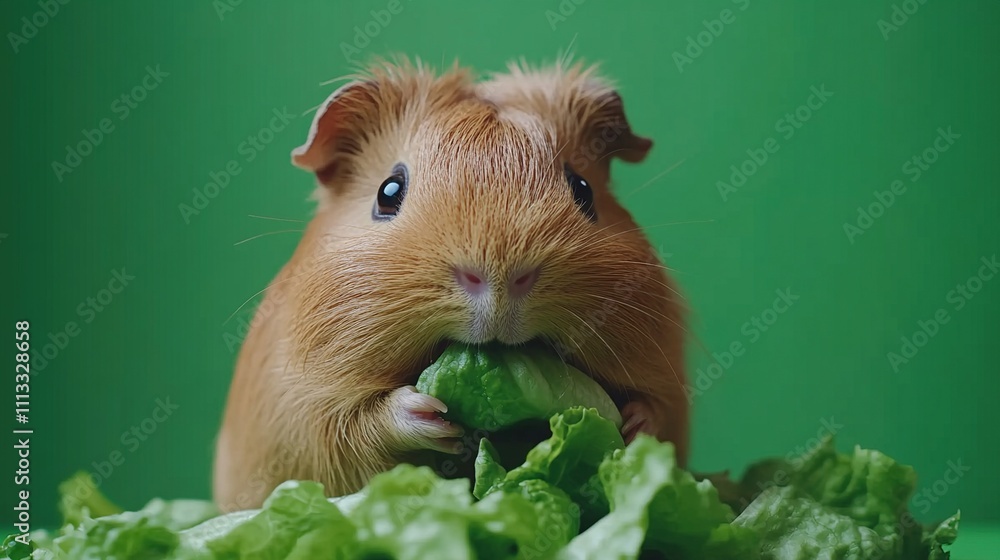 A cute guinea pig eating lettuce against a green background. A cute guinea pig eating lettuce against a green background.