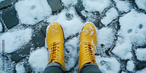 Minimalistic top-down view of yellow winter boots on snow-dusted cobblestones, highlighting urban simplicity photo