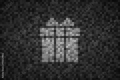 Gift box silhouette over binary code made from 0 and 1 symbols