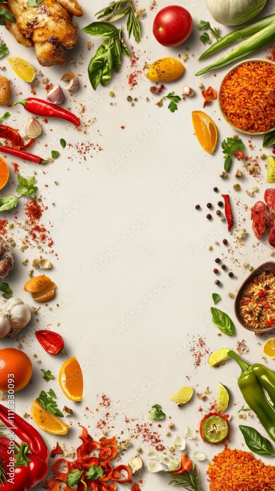 A colorful cuban arroz con pollo, arranged from above, with space for text. food vectors. Ultra realistic. Photorealistic A colorful cuban arroz con pollo, arranged from above, with space for text. food vectors. Ultra realistic. Photorealistic