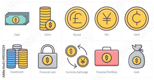 A set of 10 business icons as cash, coins, dollar