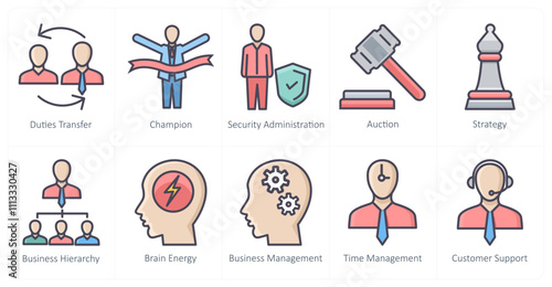 A set of 10 business icons as duties transfer, champion, security administration