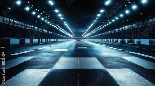 Futuristic Night Race Track Illuminated by Bright Overhead Lights for Motorsport Competition and Speed