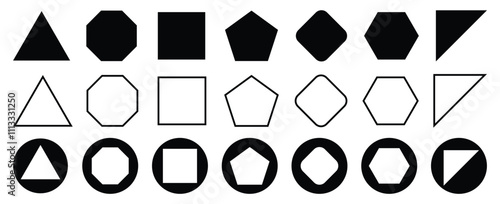 Set of Various number of geometric shape vector icon. Different types of regular polygons. Set of polygon icons. heptagon, octagon, nonagon, decagon, hendecagon, triangle, square, pentagon, hexagon.