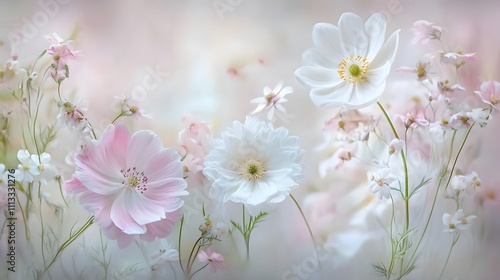 Soft pink and white flowers in a dreamy garden.