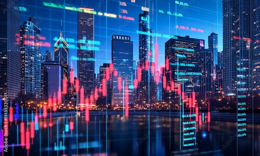 A city skyline overlaid with digital stock market data and graphs. A city skyline overlaid with digital stock market data and graphs.