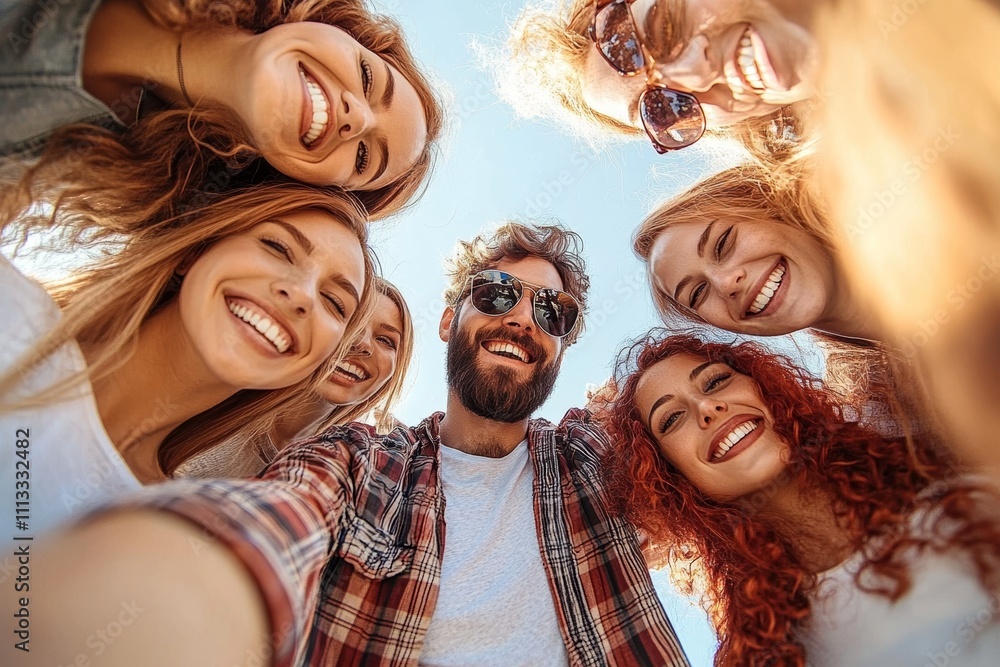 Obraz premium Happy friends taking a colorful selfie together in a circle outdoors under a clear blue sky